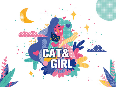 cat & girl cat design drawing girl illustration paint typography