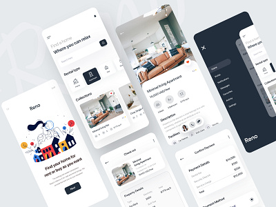 Reno || App Exploration 2020 2020 trend app ui branding clean ui colorful design home finding home rental illustration logo property app reno renovate renovation rental rental app search for home typography ui