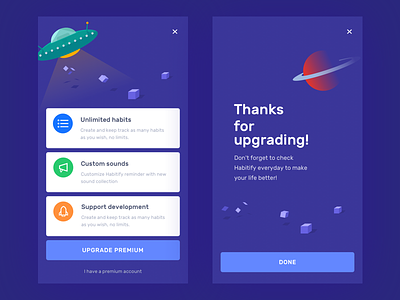 Upgrade page app design habits illustration sounds space support thanks ufo ui upgrade ux