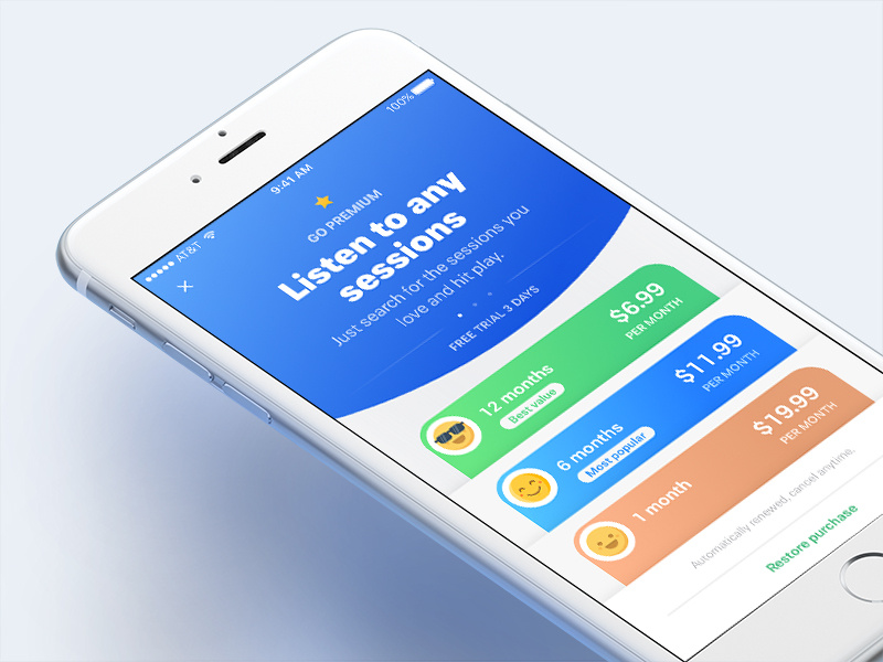 New Project :: Upgrade Premium in app purchase ui subscription premium ios emotions face pricing sessions listen upgrade