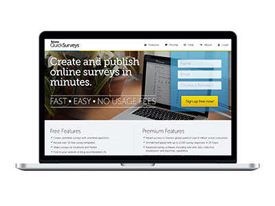 Landing Page ask fast free and premium features landing page register form surveys toluna quicksurveys