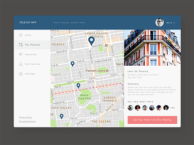 Meetup App Dashboard location map meetup notification pin settings social summary upcoming user