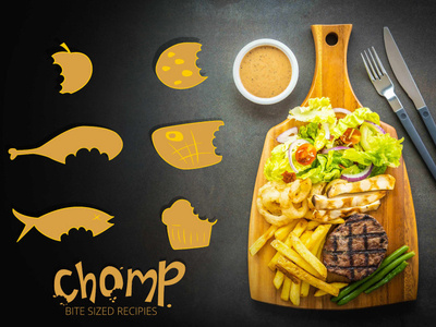 Chomp. Bite Sized Recipes branding design icon illustration logo typography
