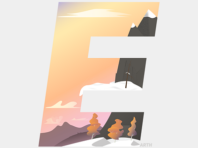 E is for Earth design flat illustration landscape lettering art mountain sunset vector