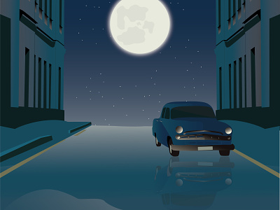 The Night Scene art blue blues car cartoon dark illustration illustration art illustrations illustrator moon moonlight night rainy stars vector vector art vector illustration vectors vintage