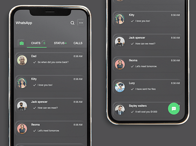 Neomorphic Soft ui Whatsapp redesign adobe xd app clean dark dark app dark mode dark theme dark ui design flat hdd neomorphic neomorphism simple clean interface soft ui ui uiux ux whatsapp