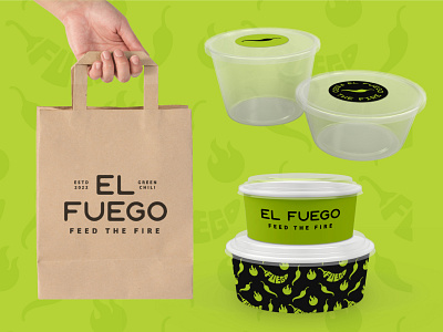 Collateral for El Fuego authentic bowl design bowls branding containers cups food logo food truck food truck logo green chili indiana indianapolis indy lime green mexican mexican food paper bag to go to go containers typography
