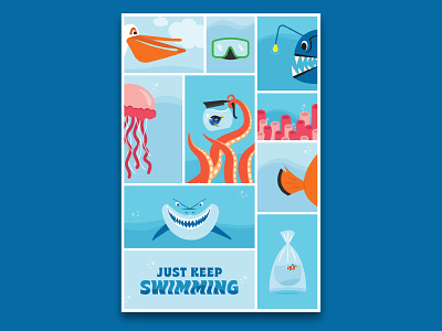 Finding Nemo Finding Dory Movie Poster childrens design dory finding dory finding nemo goggles illustration indiana indianapolis indy just keep swimming movie poster nemo ocean octopus pelican pixar poster ship typography