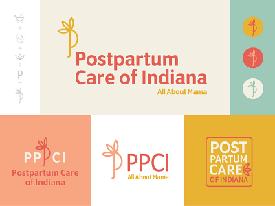 Postpartum Care of Indiana Branding Suite badge branding colorful doctor flower healthcare icon indiana indianapolis indy logo mental health nurse obgyn petals postpartum pregnant pregnany telehealth typography