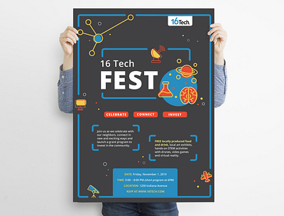Event Poster 16tech 16techfest collateral eventbrand eventbranding eventposter graphic design graphicdesign icons layout layoutdesign poster posterdesign sciencefest scienceicons stem stemdesign stemdesign stemevent stemevent