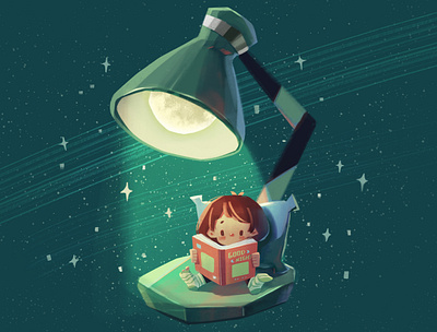 Bedtime character child girl illustration lamp moon night reading star