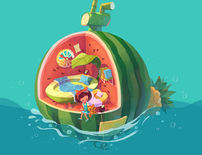 Fruit Home cartoon cat character fruit girl green house illustration leaf life peach pineapple sea summer watermelon