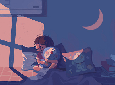 Losing Sleep bed cartoon character girl illustration life light lonely lose sleep moon night shadow