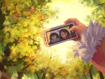 Last Autumn autumn character friend ginkgo tree girl illustration life selfie take photo tree warm yellow