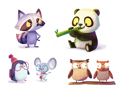 animals-02 cartoon character illustration mouse owl panda penguin raccoon
