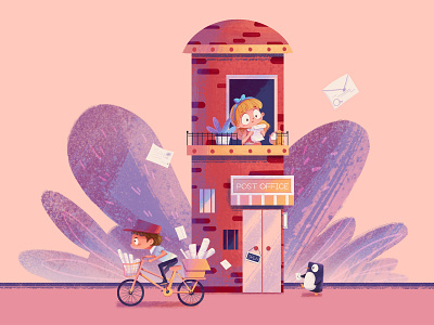 Post Office boy girl house illustration letter penguin pink post office