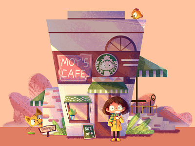 My Cafe cafe cat girl house illustration