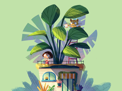 Flower Shop cat flower girl green house illustration