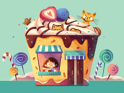 Dessert House cake cat dessert girl house illustration