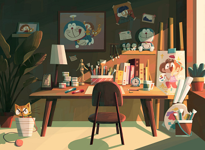 My Ideal Workspace cat doraemon girl illustration plant room studio workspace