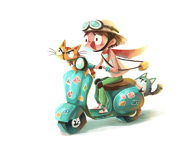 Motorbike animal cartoon cat character girl illustration motorbike