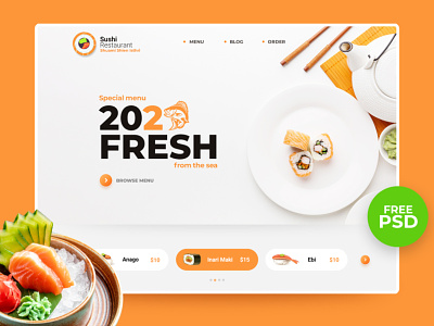 FREE PSD (Premium) - Orange Sushi Restaurant Template Website free psd mockup free psd template free website template restaurant template sushi webdesign website design