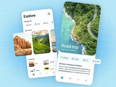 Travel App app design explore glass effect glassmorphism ios journey mobile app search tab menu travel travel destination travel overview trip ui ux