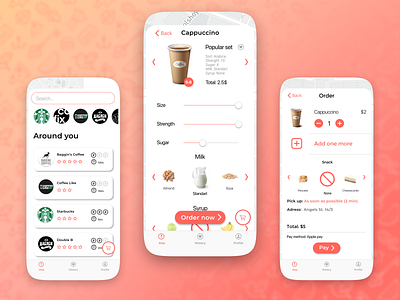 Pre-ordering coffee to go app arabica barista branding coffee coffeeapp design figma figmadesign mobile smallbusiness starbaks ui ux