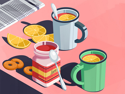 Tea art artwork bagel cup illustration jam lemon newspaper raspberries raspberry sick spoon tea tea cup