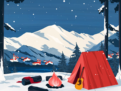 Winter camping art artwork atmosphere bonfire camping cold fire guitar landscape mountain nature ocean scarf sky snow tent texture town tree water