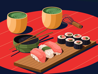 Sushi art artwork asian food food food and drink foodillustrator illustration illustration art matcha salmon sashimi soy sauce sushi sushi roll tea