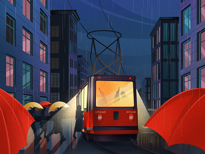 Rainy day art artwork cloud house illustration illustration art light night rainbow rainy street tram umbrella windows