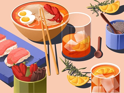 Yummy art asian food chilli drink egg food foodart ice lemon lunch noodle rosemary sushi