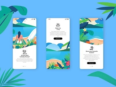 Booking App blue board booking clean ui festive flight girl iphone lake modern palm palm trees palms sand sea summer surfing umbrella vacations women