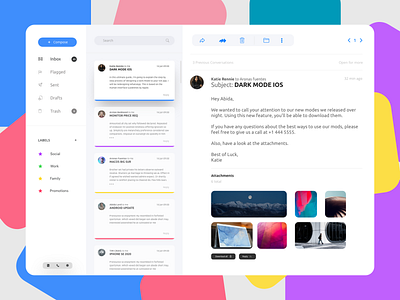 Mail App User Interface. 2020 clean ui colorfull compose dark mode dark theme email images inbox interface ios ios app mail modern sent