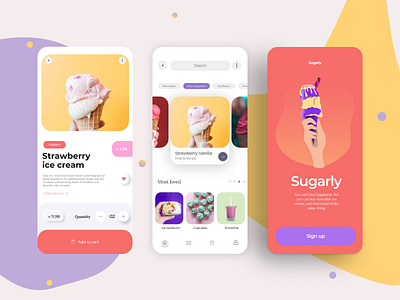 Sugarly - Ice Cream App app cookies cupcakes delivery fresh ice cream ice cream cone mobile modern pipe price red smoothie strawberry sugar summer vanilla violet yellow
