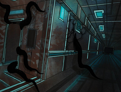 Cryo-wing Contamination Corridor cosmic horror cosmichorror dark art dark artist horror illustration lovecraft lovecraftian nightmare procreate scifi