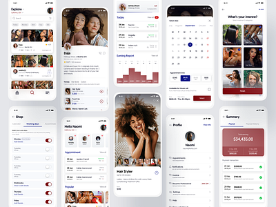 Beauty Service App app appointment beauty beauty app booking calender cards design icons interface listing mobile profile salon services skincare spa stats ui ux