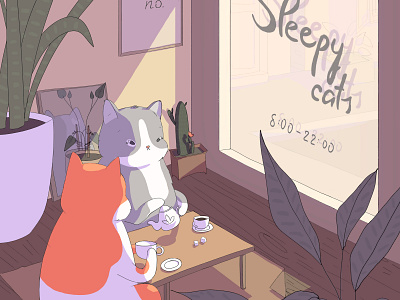 a poster for the coffee shop "Sleepy cats" art cafe cats coffee coffeeshop cute digitalart drawing illustration line photoshop pixel poster texture