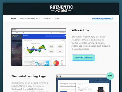 Authentic Pixels Website bootstrap css landing page shop sketch templates