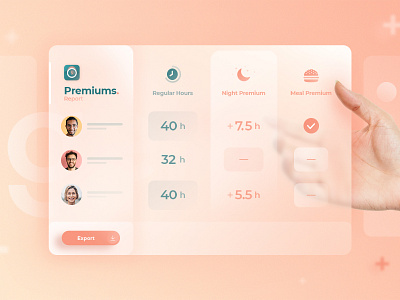 Agendrix — Premiums 💰 add ons agendrix application ui colors design desktop app employees export form frosted glass futuristic glass greenery hours interface peachy report scheduling app total ui