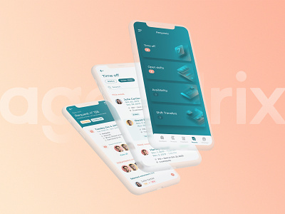 Agendrix — Manage on the Go 👏 app design design employees figma filters frosted glass greenery icons illustration interface listing mobile app navigation peachy requests saas app scheduling scheduling app tiles ui