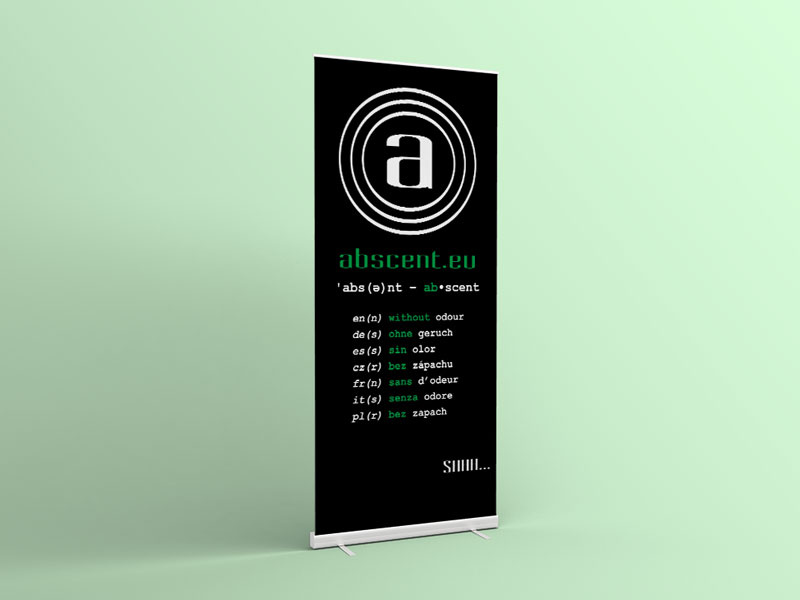 Abscent Rollup 2016 exhibition presentation minimal multilingual branding rollup