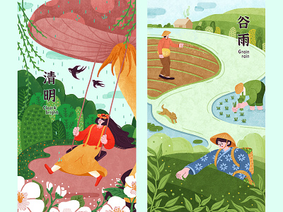 二十四节气扁平风插画小森林女孩之清明谷雨 branding design illustration