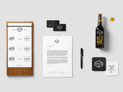 DNA Brewing Co - Various Items beer flight bottle brand brewery brewing business card coasters dna identity label letterhead stationary
