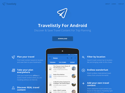 Travelistly for Android Landing Page airplane android animation blue flat landing page material mobile travel