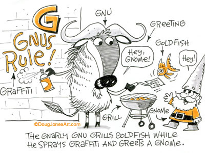 G is for Gnu alphabet animal cartoon gnu humor illustration