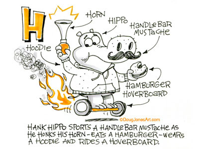 H is for Hippo alphabet animal cartoon hippo humor sketchbook
