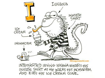 I is for Iguana alphabet animal cartoon humor iguana illustration