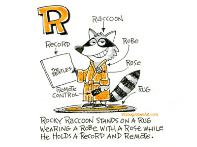 R is for Raccoon alphabet animal cartoon humor illustration raccoon